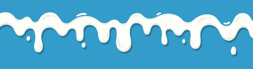 Cartoon illustration of white milk dripping against a bright blue background