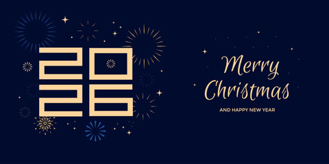 2026 new year banner with firework, numbers, text on dark background. Celebration greeting card. Vector illustration