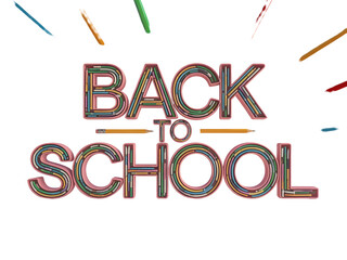 Volumetric Back to School text effect composed of stacked multicolored pencils and stationery isolated on transparent background