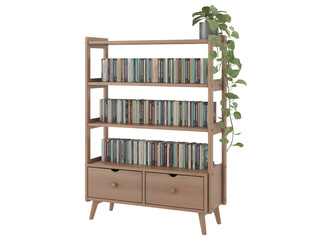 Wooden bookshelf filled with books and featuring two storage drawers, styled with a potted trailing vine plant isolated on transparent background