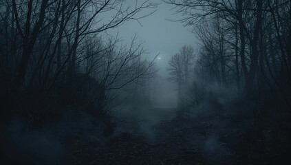 Naklejka premium Enchanted gloomy woodland shrouded in dense mist