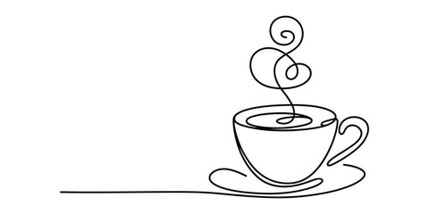 Single continuous line drawing of a steaming coffee cup and saucer minimalist art vector