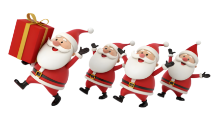 Four cheerful santa claus characters dancing and celebrating christmas, one carrying a gift, isolated on transparent background