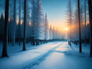Naklejka premium Peaceful Winter Forest with Frosty Trees and Falling Snow at Sunrise.