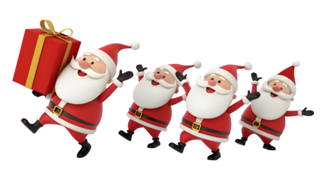 Four cheerful santa claus characters dancing and celebrating christmas, one carrying a gift, isolated on transparent background