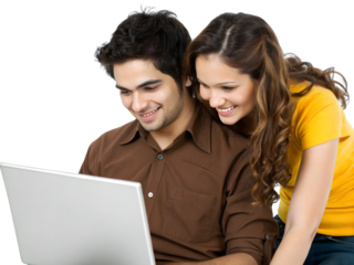 Young couple smiling and looking at a laptop computer, isolated on transparent background