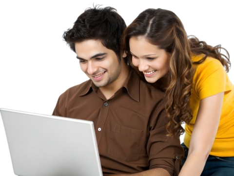 Young couple smiling and looking at a laptop computer, isolated on transparent background