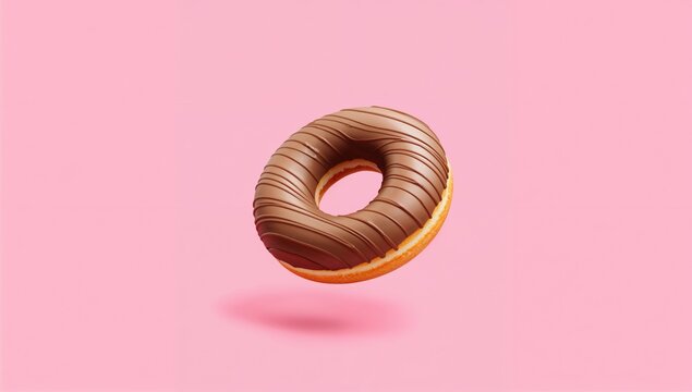 Levitating striped chocolate donut set against a soft pink backdrop. Simple design highlighting indulgent treats or sugary snacks related to health concerns.