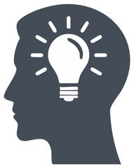 Human head silhouette with a glowing lightbulb symbolizing a new idea or inspiration within the mind