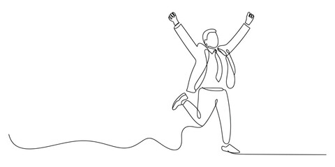 Continuous line drawing of a businessman celebrating victory with arms raised vector