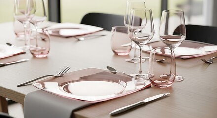 Elegant Place Setting Featuring Pink Accents Tableware Dinnerware Design Tabletop Decor Glassware Formal Dining Arrangement Fine Dining Table Decoration