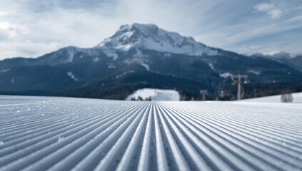 Freshly groomed ski run slope with a blurred mountain peak in the background, focusing on winter sports accessibility