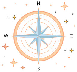 Compass Rose Illustration with Cardinal Directions and Stars, Navigation Guide