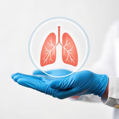 A gloved hand holds a floating lungs icon, symbolizing health and respiratory care, set against a white background for a clean, professional look.