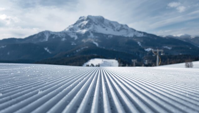 Freshly groomed ski run slope with a blurred mountain peak in the background, focusing on winter sports accessibility