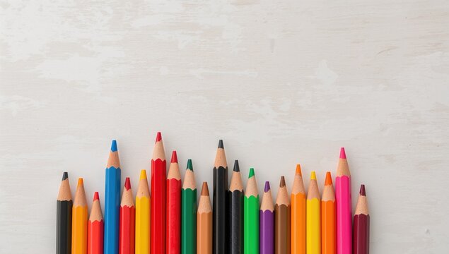 Colored pencils with sharpened tips arranged on a plain white surface in various hues including blue, red, yellow, pink, black, green, and orange, isolated for artistic and educational use.