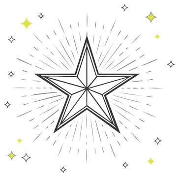 Stylized Five Point Star with Radiating Burst Lines and Decorative Sparkle Accents