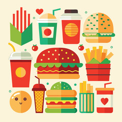 An illustration of various burger and fast-food items