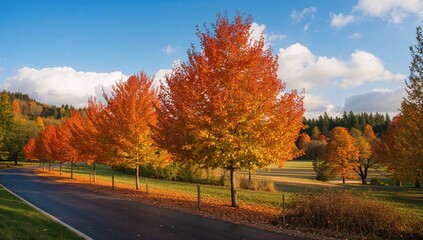 Naklejka premium Autumn Foliage Along a Maple Tree Pathway, Seasonal Change