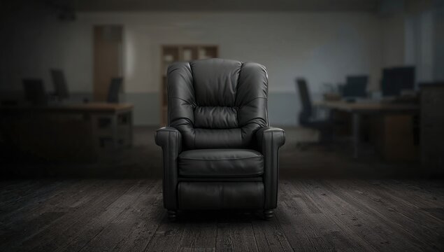 Black leather armchair vanishing in a space, reflecting a sense of isolation