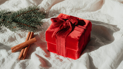 A red velvet gift box with a ribbon sits on a white fabric background. Nearby are cinnamon sticks and a sprig of evergreen, creating a festive Christmas atmosphere.