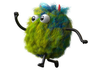 Fluffy, cute monster joyfully running, symbolizing happiness or excitement. 3D rendering, conceptual image. Isolated on white background.