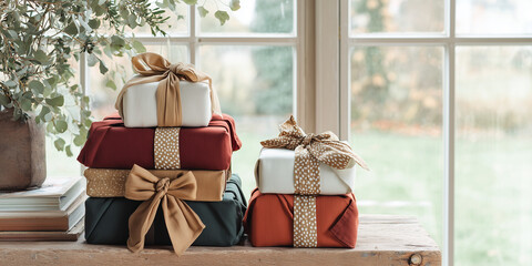 A collection of beautifully wrapped Christmas gifts in red, green, and white colors, adorned with ribbons, placed on a wooden table near a window.