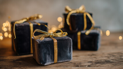 A collection of dark velvet Christmas gifts tied with golden ribbons on a wooden surface. Soft glowing lights create a warm festive atmosphere.