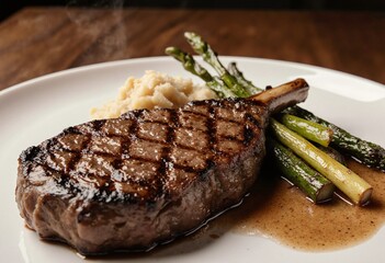 perfectly cooked steak with grill marks and a side of vegetables