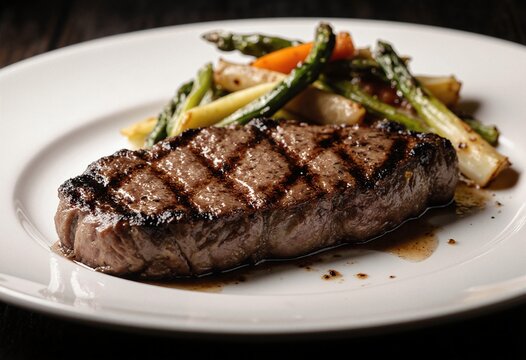 perfectly cooked steak with grill marks and a side of vegetables