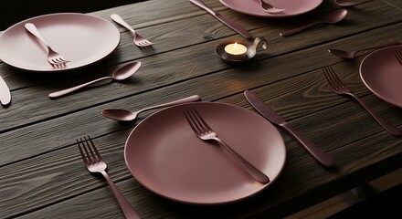 Elegant Rose Gold Table Setting: Plates, Cutlery for Upscale Dining Events