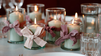 A collection of decorative candles with soft ribbons, glowing warmly on a table. The scene evokes a cozy Christmas atmosphere.