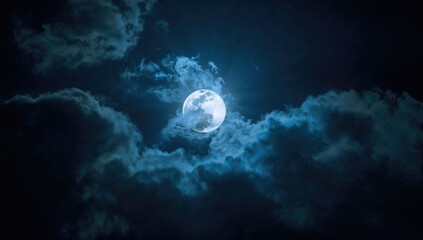 Photo of a nighttime sky with illuminated clouds and a large, bright full moon, ideal for editorial header background