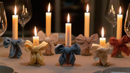 A festive Christmas banner featuring lit candles with decorative bows in soft colors. The scene is set on a table with elegant glassware, creating a warm atmosphere.