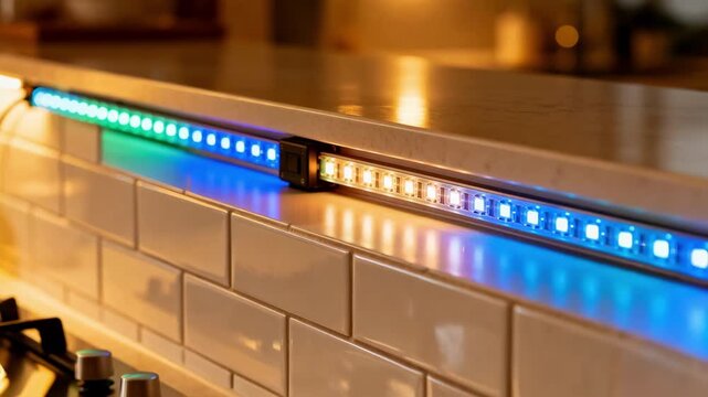 Medium shot of a colorchanging LED strip cycling through vibrant hues on a kitchen backsplash highlighting customizable lighting for mood and decor