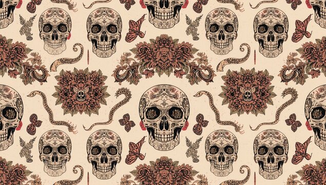 Floral skull pattern featuring a butterfly and snake, suitable for Halloween-themed designs