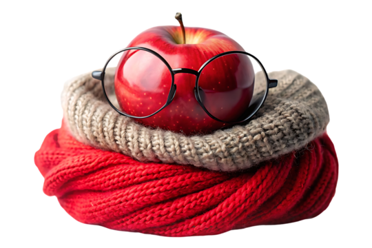 Red apple wearing round wire frame glasses nestled in beige and red knitted scarves, isolated on a transparent background