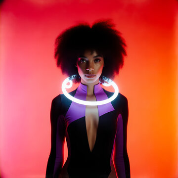 Retrato futurista con luces de ne&oacute;n y estilo cibern&eacute;tico