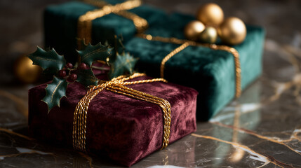 Two elegantly wrapped Christmas gifts in green and burgundy velvet with gold ribbons. Decorative golden baubles and holly leaves are included.