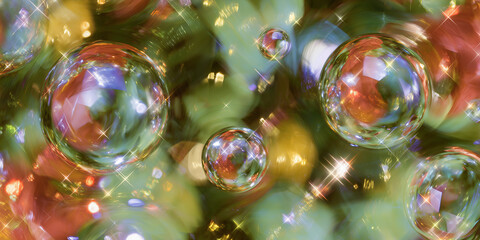 Colorful bubbles float against a blurred background of green and red, creating a festive atmosphere suitable for a Christmas banner.