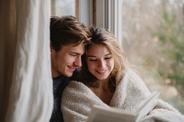 Young couple enjoying a quiet moment by the window while reading