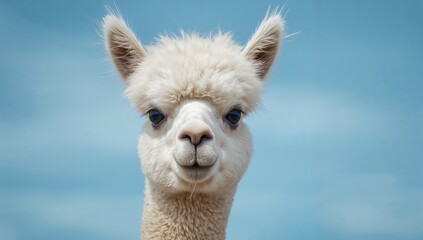 Obraz premium Portrait of a white alpaca against a light blue background, a camelid native to the Andes.