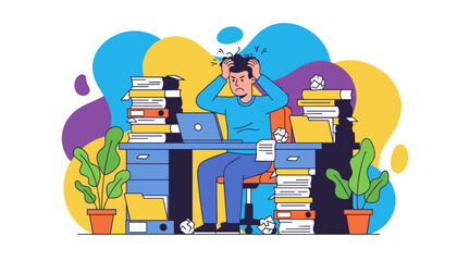 Stressed man overwhelmed by paperwork and workload sitting at office desk Burnout and stress concept