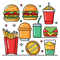 An illustration of various burger and fast-food items
