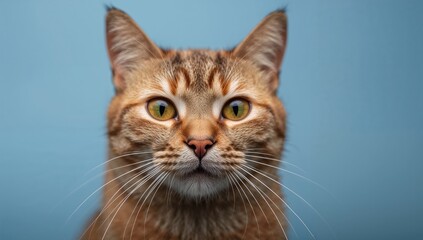 Obraz premium Close-up frontal view of a tabby feline with a blurred blue backdrop, sharp focus, shallow depth of field
