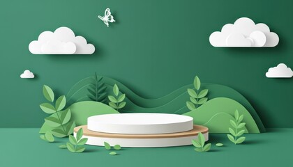 A serene podium with lush green foliage and fluffy white clouds creates a dreamy natural scene for product display
