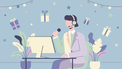 Festive customer support agent working online among holiday decorations and falling gifts