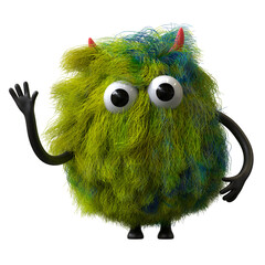 Fluffy, cute monster waving, symbolizing greeting or friendliness. 3D rendering, conceptual image. Isolated on white background.