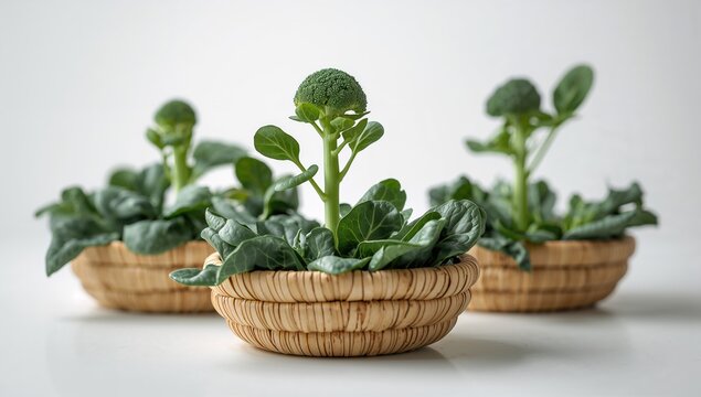 Broccoli sprout displayed on bamboo baskets, fiber-dense choice