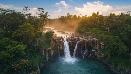 Fototapeta premium Aerial view of Coban Sriti waterfall, showcasing natural beauty, erosion risk